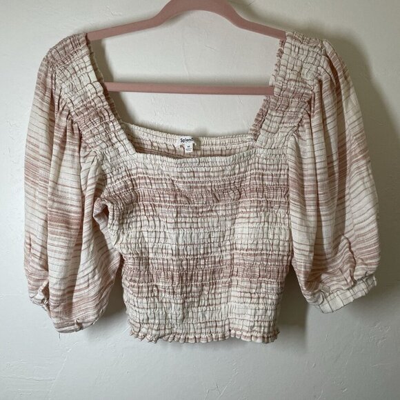 Splendid Women's Linen Blend Puff Sleeve Smocked Crop Top Size M Cottage Coastal - Picture 1 of 10